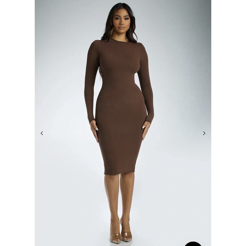 Naked Wardrobe Long Sleeve Bodycon Sculpt Midi Dress in Brown Size 2X Plus Size